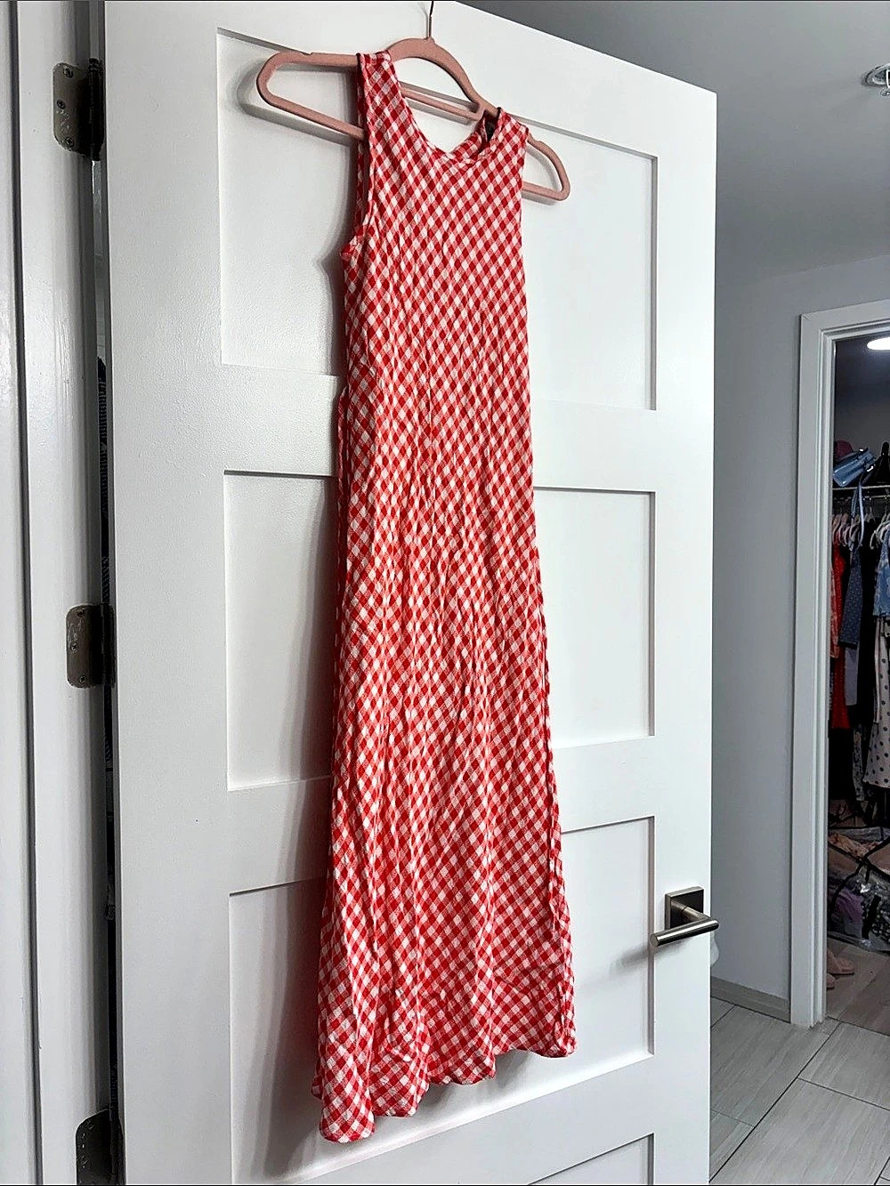 WAYF Lilibet Gingham Lace Trim Midi Dress Red & White XS